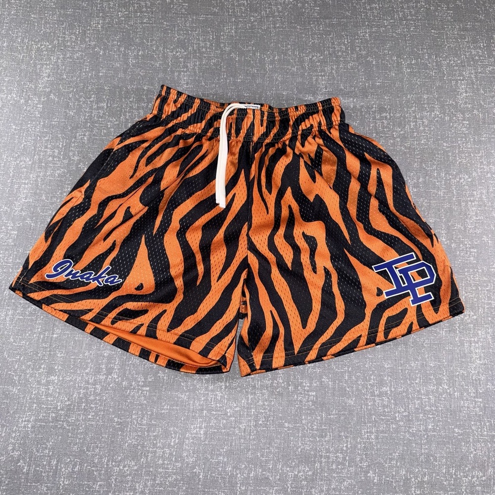 Inaka Power Shorts Mens Small Orange Tiger Print Mesh 5 Inseam Athletic Gym